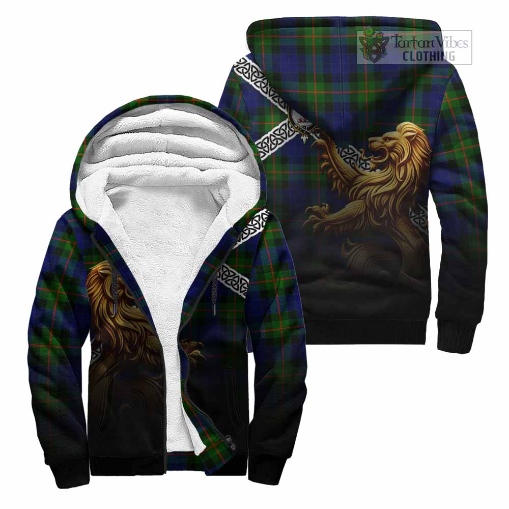 Jamieson Crest Tartan Sherpa Hoodie with Golden Lion Emblem Celtic Style Unisex - Tartan Vibes Clothing
