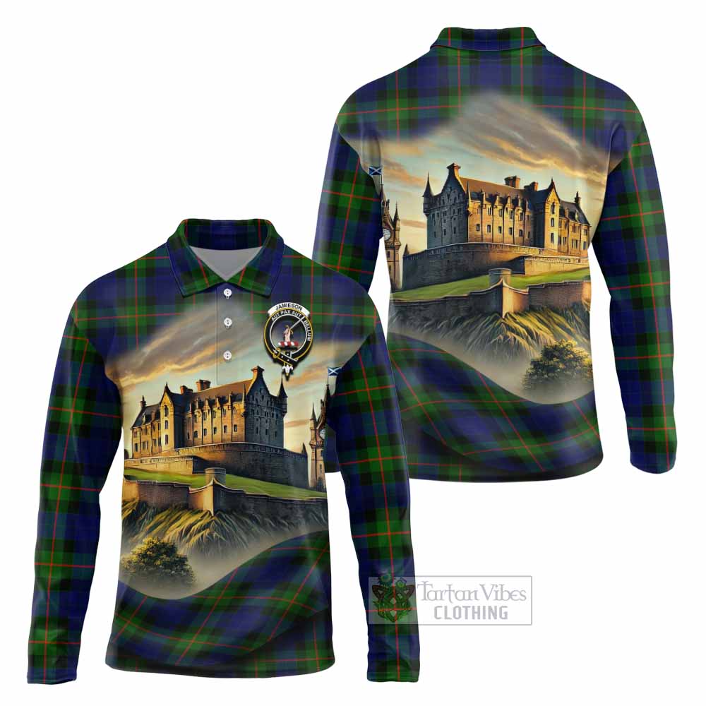 Jamieson Tartan Family Crest Long Sleeve Polo Shirt with Scottish Ancient Castle Style - Tartan Vibes Clothing