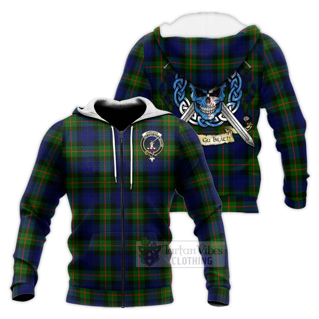 Jamieson Tartan Knitted Hoodie with Family Crest Celtic Skull Style Unisex Knitted Zip Hoodie - Tartan Vibes Clothing
