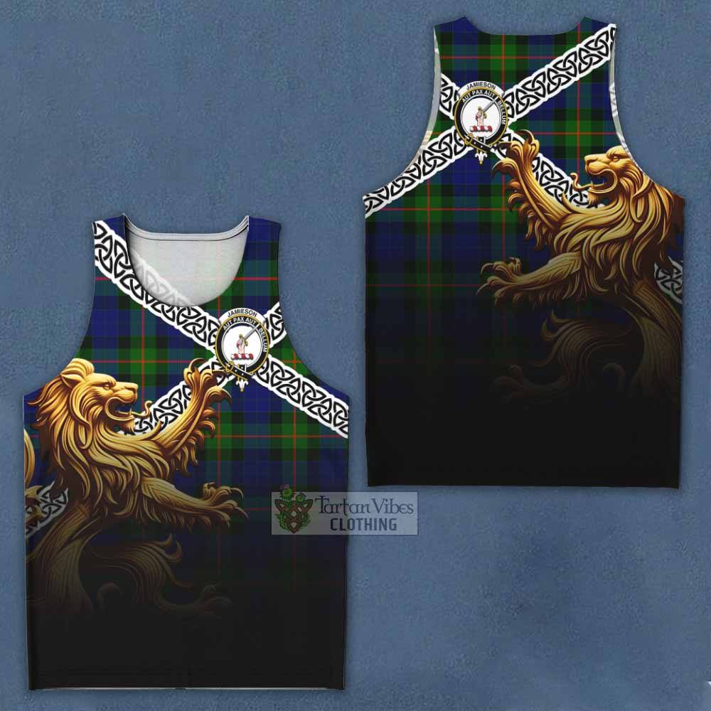Jamieson Crest Tartan Men's Tank Top with Golden Lion Emblem Celtic Style - Tartan Vibes Clothing