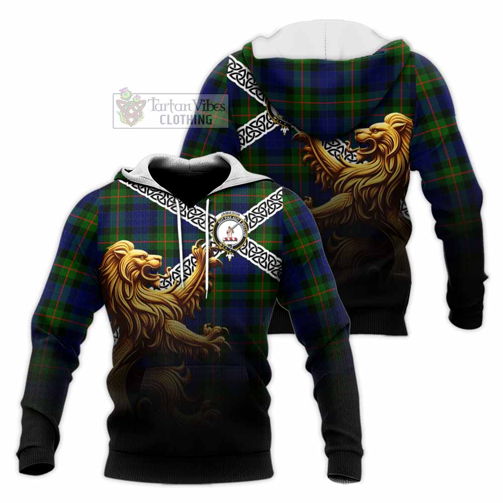 Jamieson Crest Tartan Knitted Hoodie with Golden Lion Emblem Celtic Style - Tartan Vibes Clothing