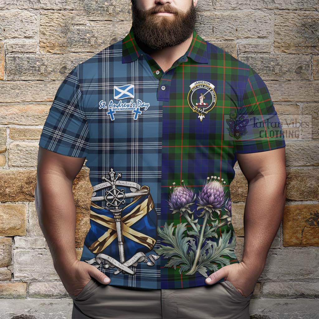 Jamieson Tartan Polo Shirt Happy St. Andrew's Day Half Tartan Style - Tartan Vibes Clothing