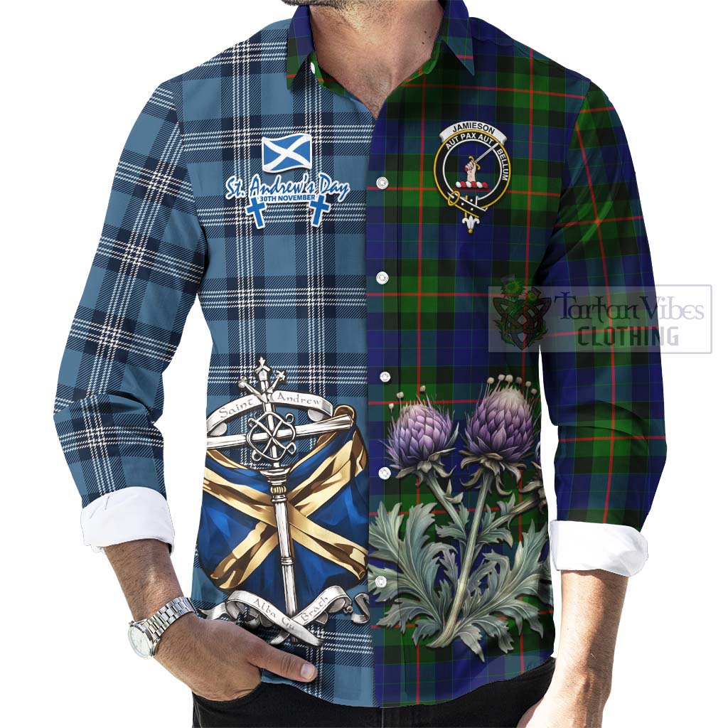 Jamieson Tartan Long Sleeve Button Shirt Happy St. Andrew's Day Half Tartan Style - Tartan Vibes Clothing