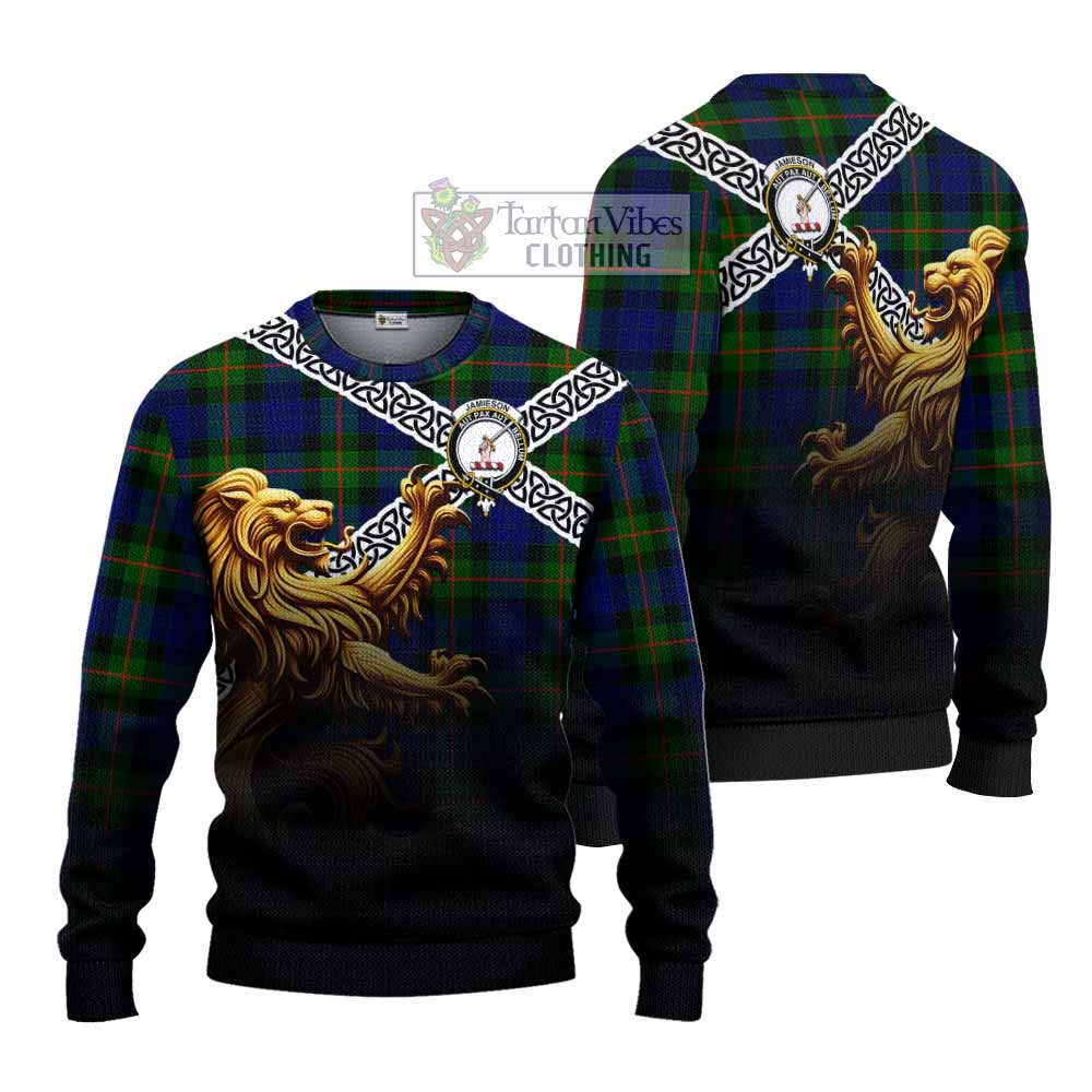 Jamieson Crest Tartan Knitted Sweater with Golden Lion Emblem Celtic Style - Tartan Vibes Clothing