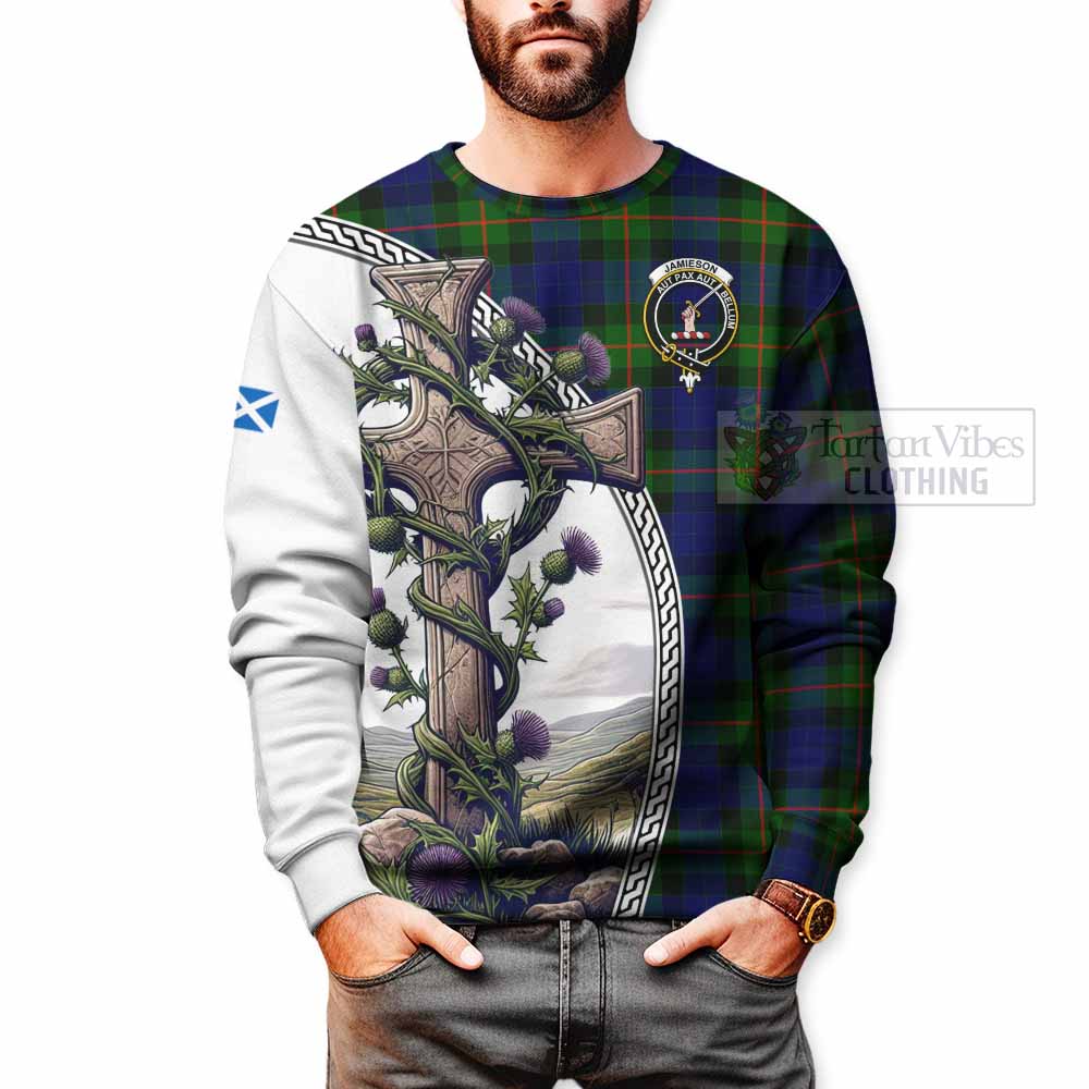 Jamieson Tartan Sweatshirt with Family Crest and St. Andrew's Cross Accented by Thistle Vines - Tartan Vibes Clothing