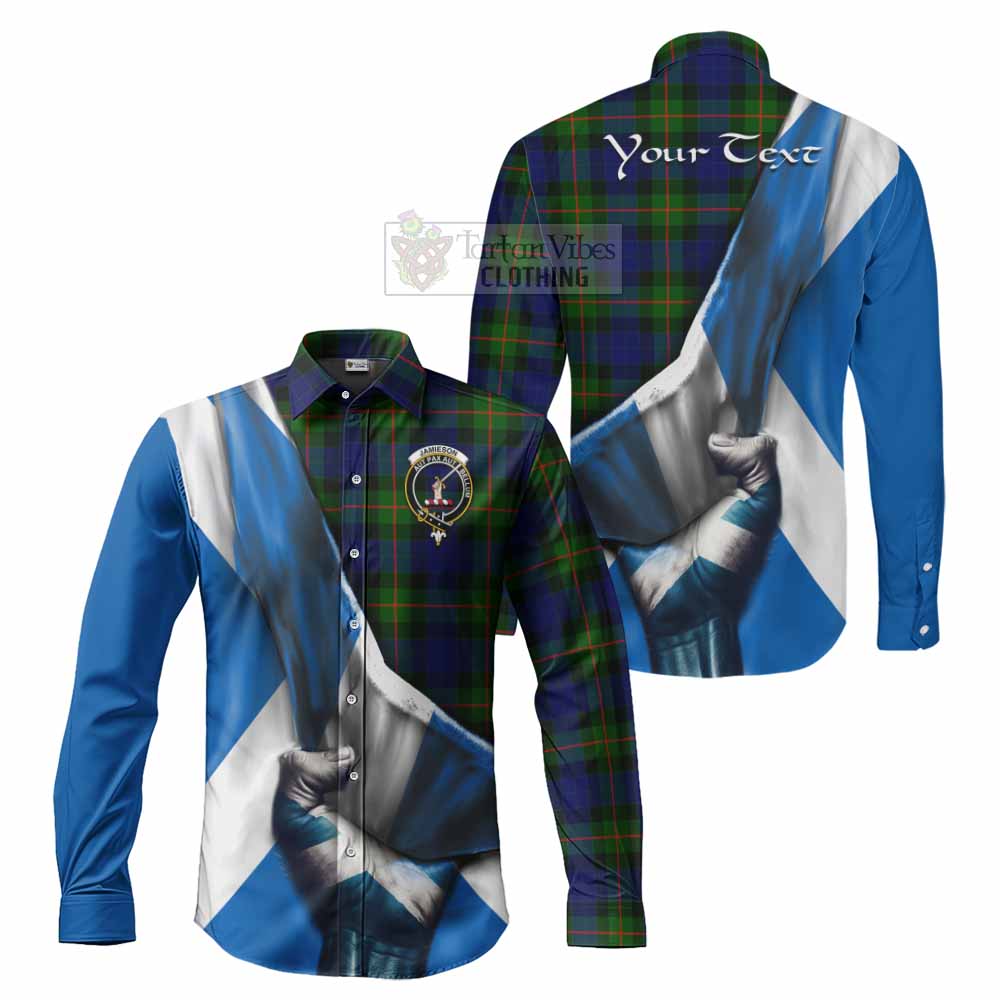 Jamieson Tartan Long Sleeve Button Shirt with Family Crest Scotland Patriotic Style - Tartan Vibes Clothing