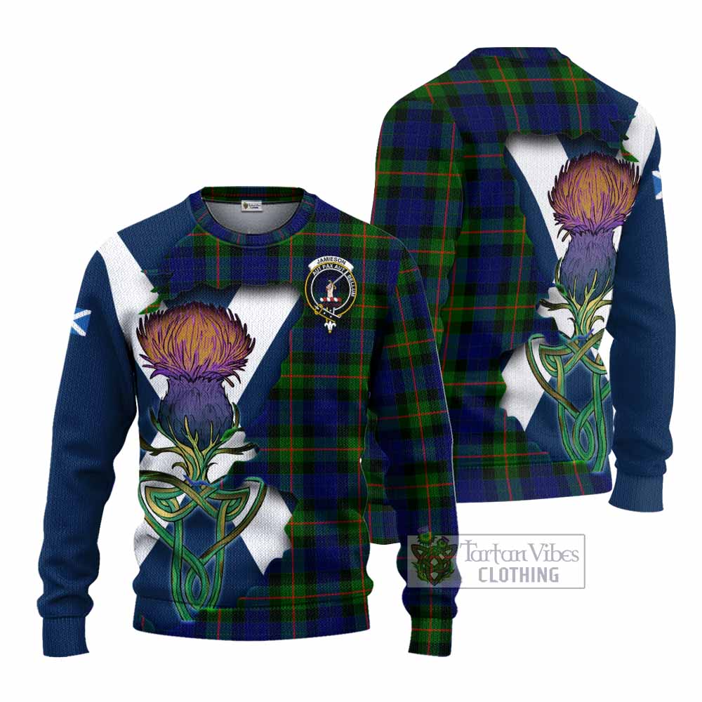 Jamieson Tartan Family Crest Knitted Sweater Scottish Thistle Celtic Inspired - Tartan Vibes Clothing