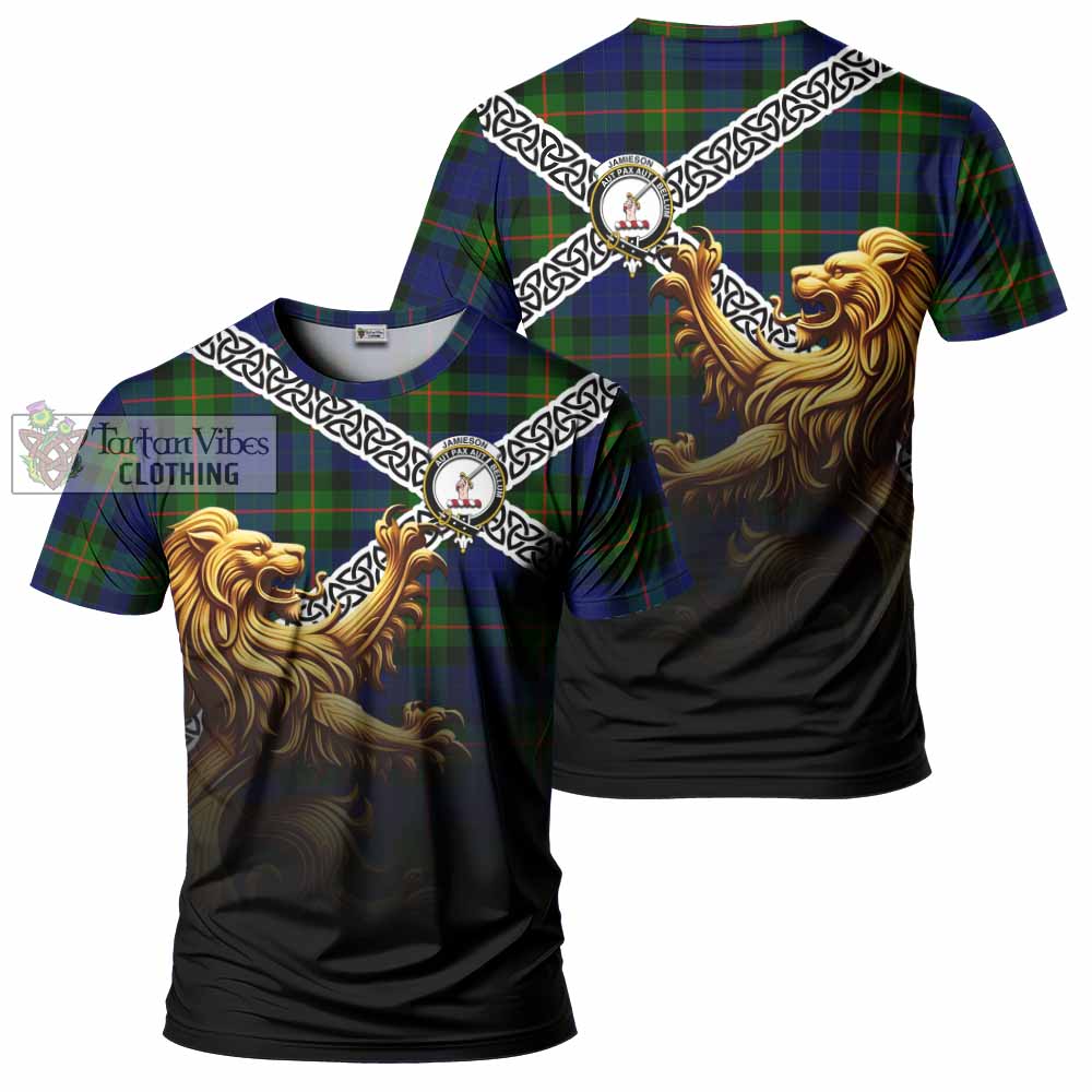 Jamieson Crest Tartan T-Shirt with Golden Lion Emblem Celtic Style - Tartan Vibes Clothing