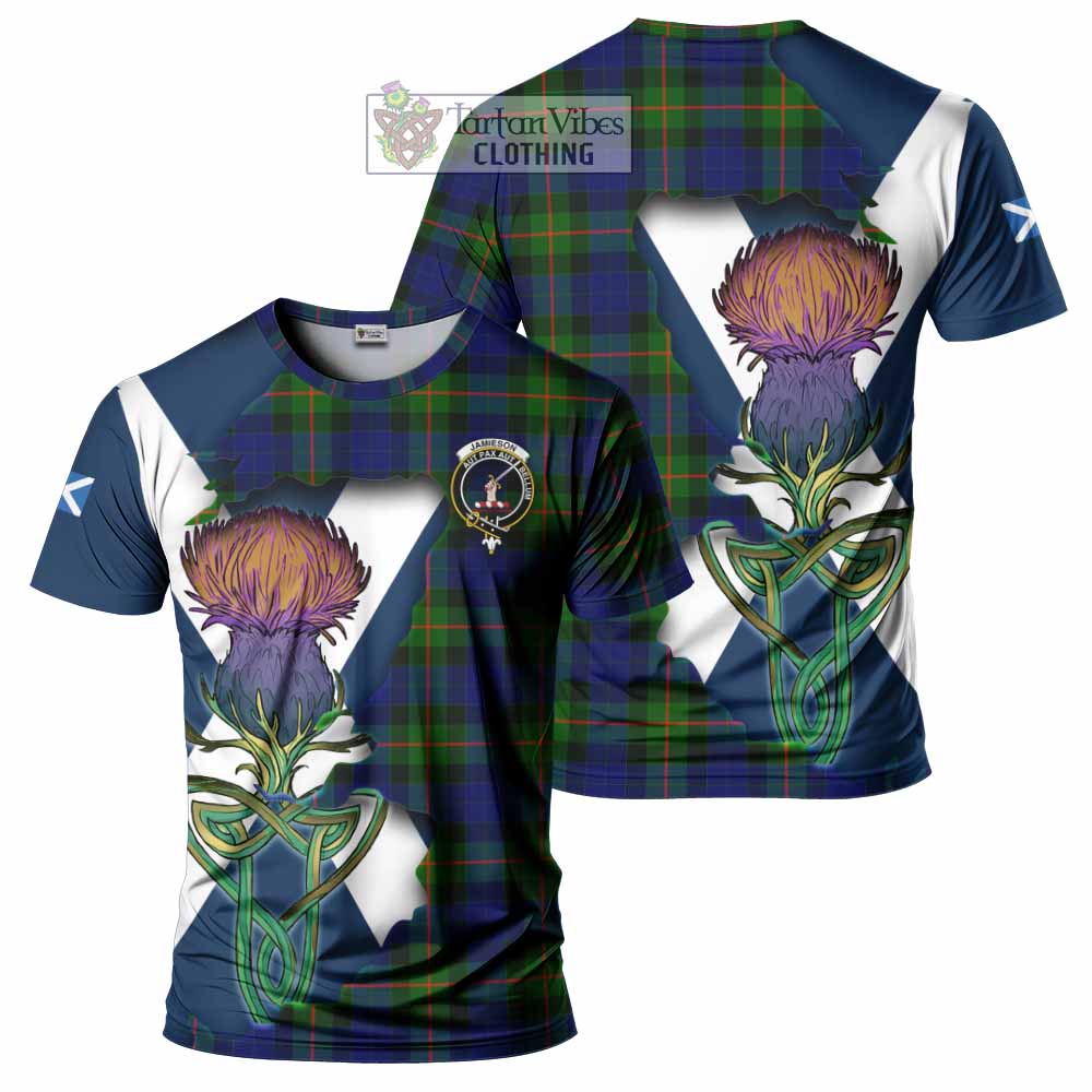 Tartan Vibes Clothing Jamieson Tartan Family Crest T-Shirt Scottish Thistle Celtic Inspired