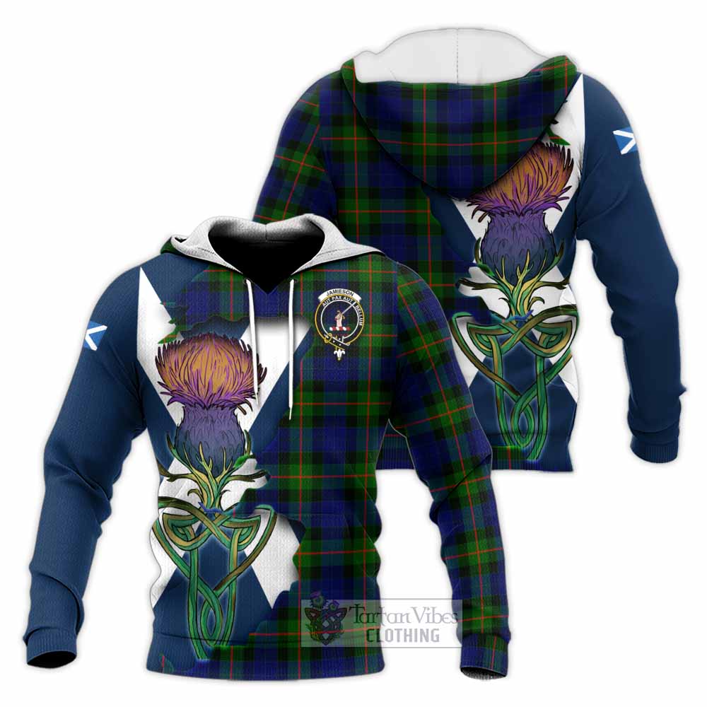 Jamieson Tartan Family Crest Knitted Hoodie Scottish Thistle Celtic Inspired - Tartan Vibes Clothing