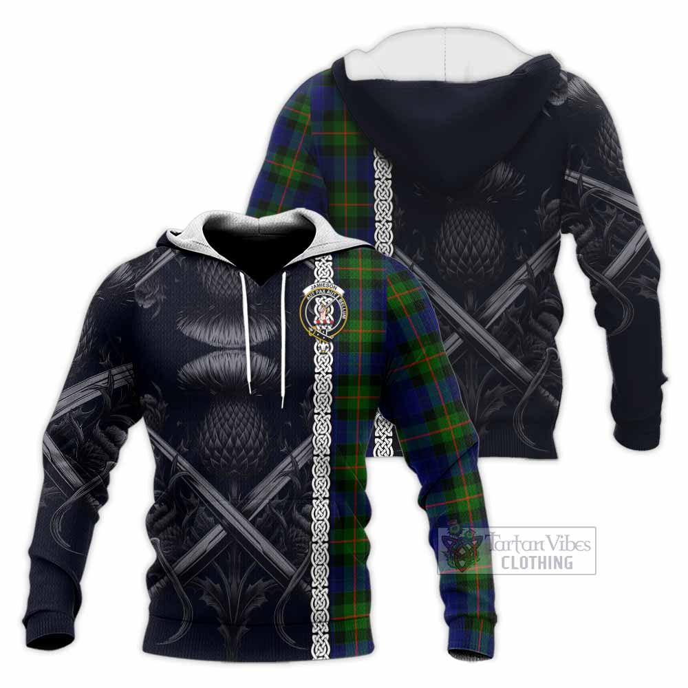 Jamieson Tartan Knitted Hoodie with Family Crest Cross Sword Thistle Celtic Vibes - Tartan Vibes Clothing