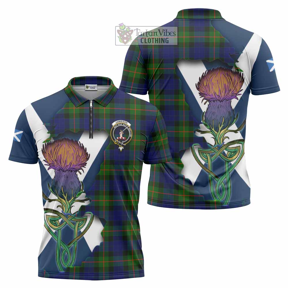 Jamieson Tartan Family Crest Zipper Polo Shirt Scottish Thistle Celtic Inspired - Tartan Vibes Clothing