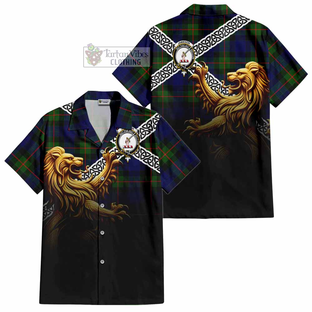 Jamieson Crest Tartan Hawaiian Shirt with Golden Lion Emblem Celtic Style - Tartan Vibes Clothing