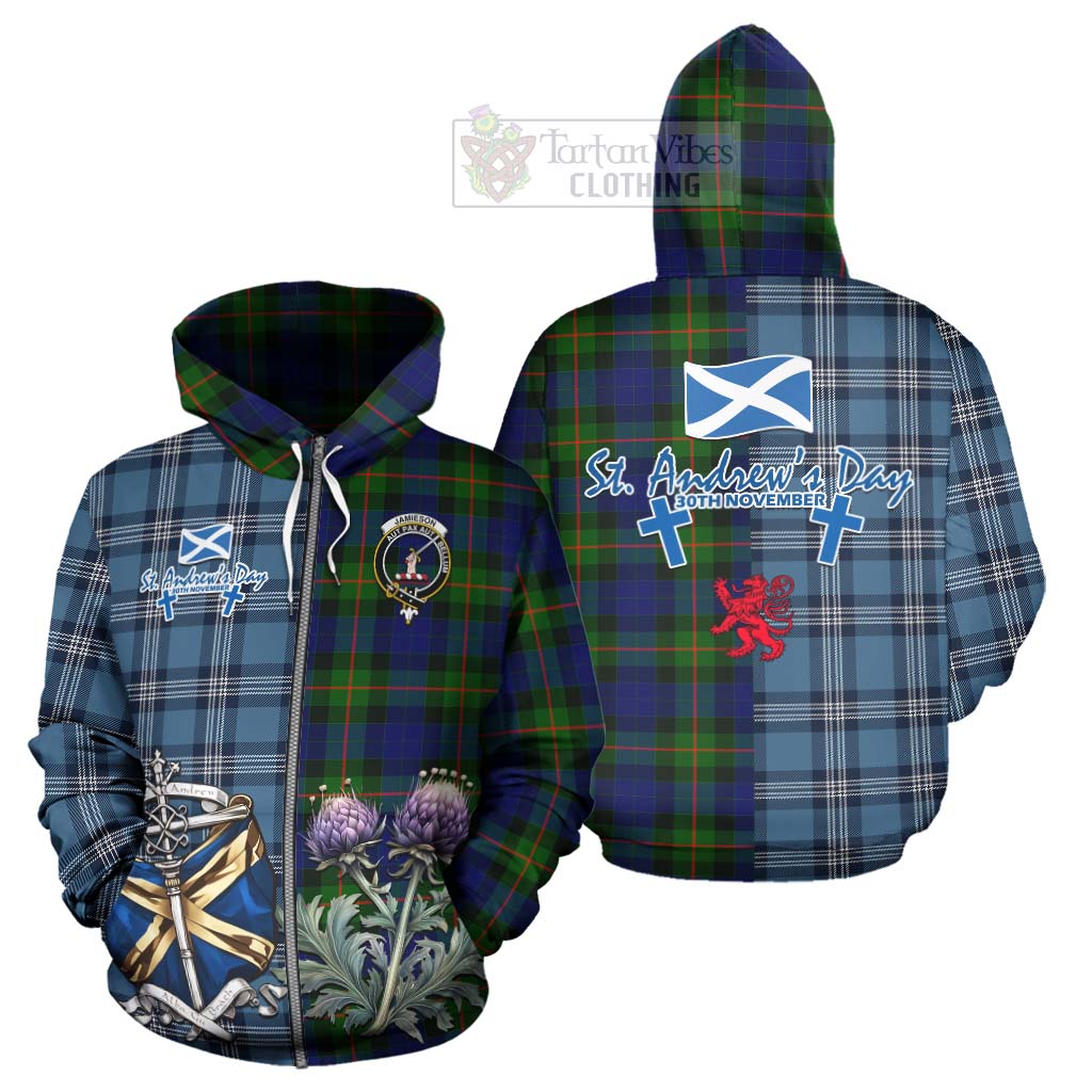 Jamieson Tartan Hoodie Happy St. Andrew's Day Half Tartan Style - Tartan Vibes Clothing