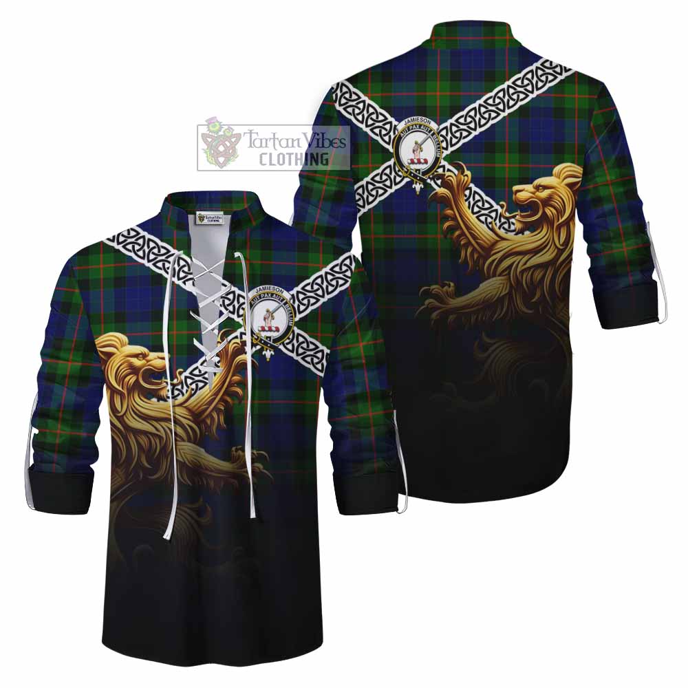 Jamieson Crest Tartan Ghillie Kilt Shirt with Golden Lion Emblem Celtic Style - Tartan Vibes Clothing
