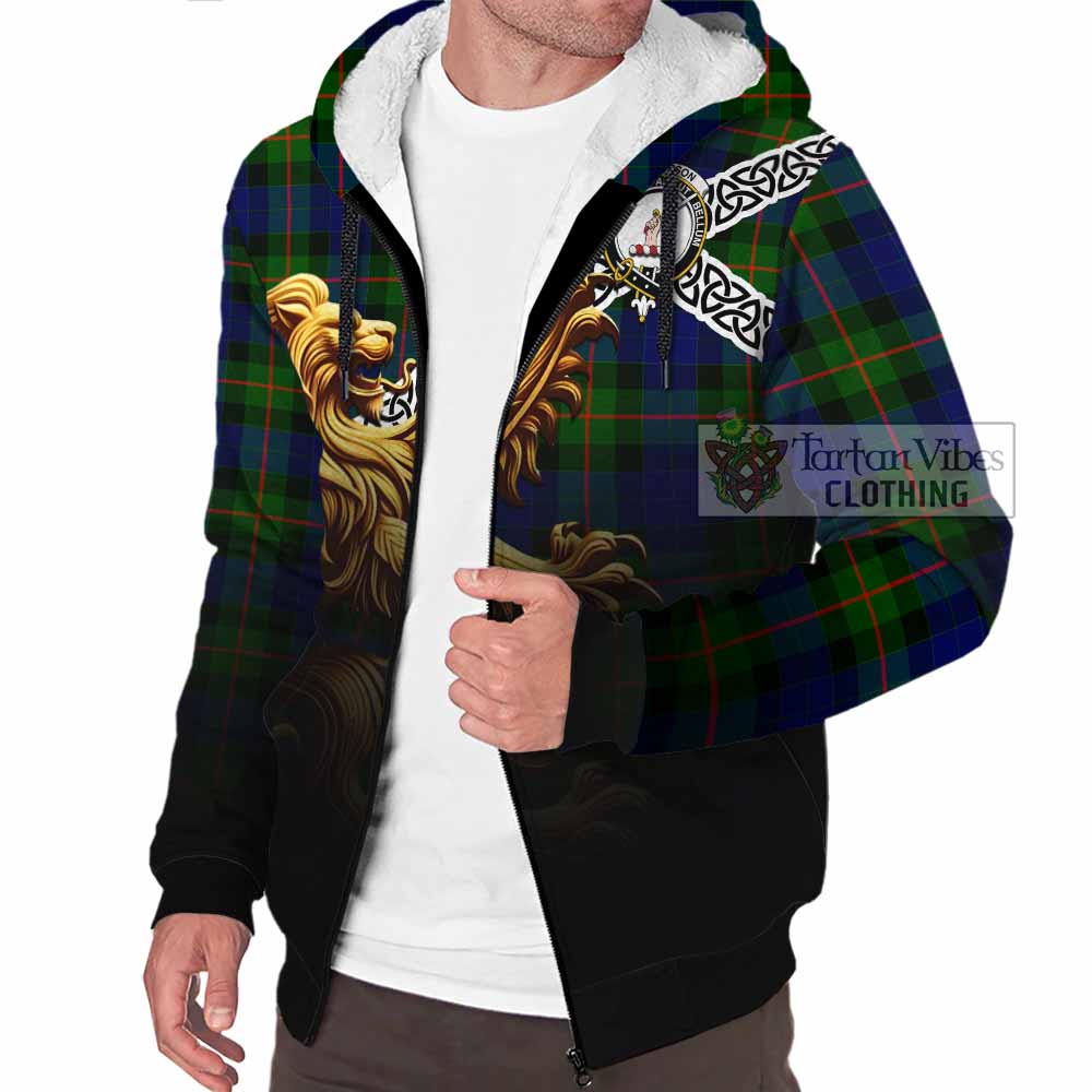 Jamieson Crest Tartan Sherpa Hoodie with Golden Lion Emblem Celtic Style - Tartan Vibes Clothing