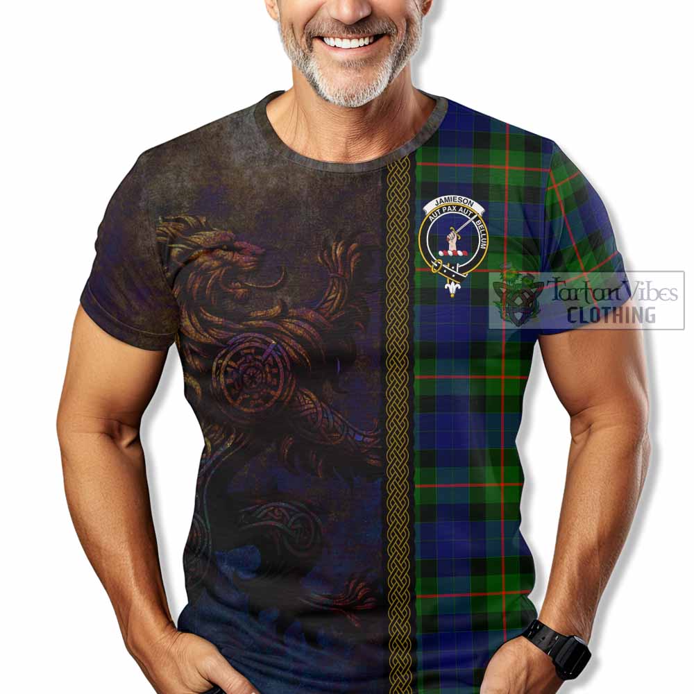 Tartan Vibes Clothing Jamieson Tartan Family Crest T-Shirt Alba Gu Brath Be Brave Lion Ancient Style