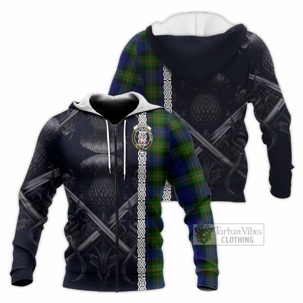 Jamieson Tartan Knitted Hoodie with Family Crest Cross Sword Thistle Celtic Vibes Unisex Knitted Zip Hoodie - Tartan Vibes Clothing