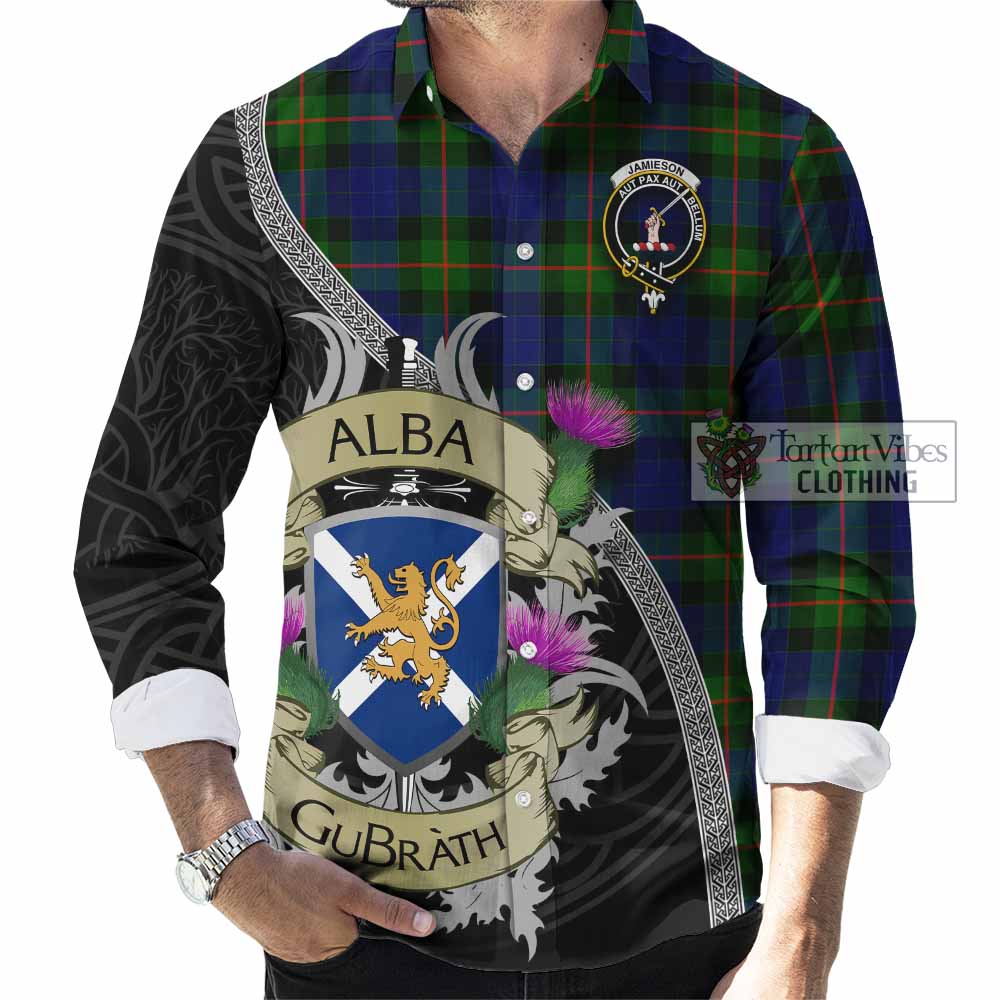 Jamieson Tartan Family Crest Long Sleeve Button Shirt Lion Rampant Royal Thistle Shield Celtic Inspired - Tartan Vibes Clothing
