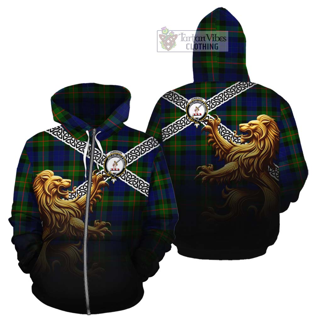 Jamieson Crest Tartan Cotton Hoodie with Golden Lion Emblem Celtic Style Zip Hoodie - Tartan Vibes Clothing