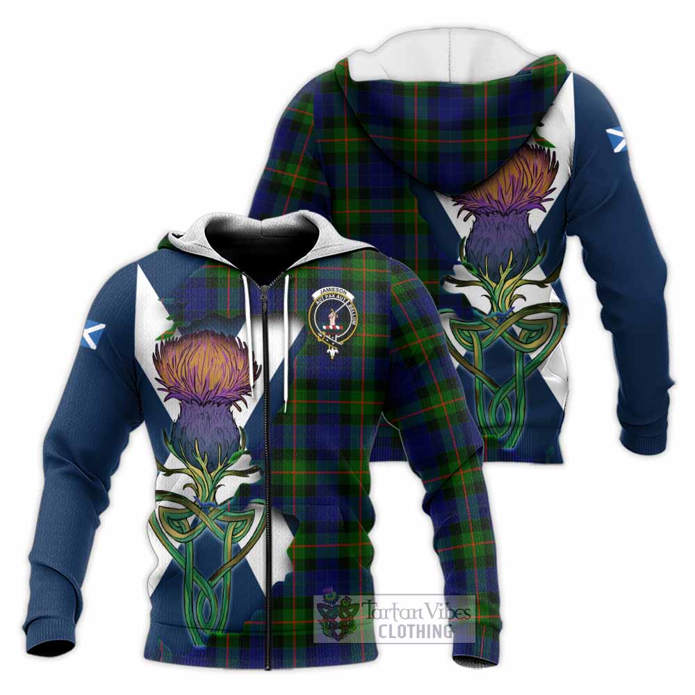 Jamieson Tartan Family Crest Knitted Hoodie Scottish Thistle Celtic Inspired Unisex Knitted Zip Hoodie - Tartan Vibes Clothing