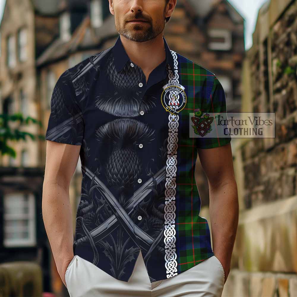 Jamieson Tartan Hawaiian Shirt with Family Crest Cross Sword Thistle Celtic Vibes - Tartan Vibes Clothing