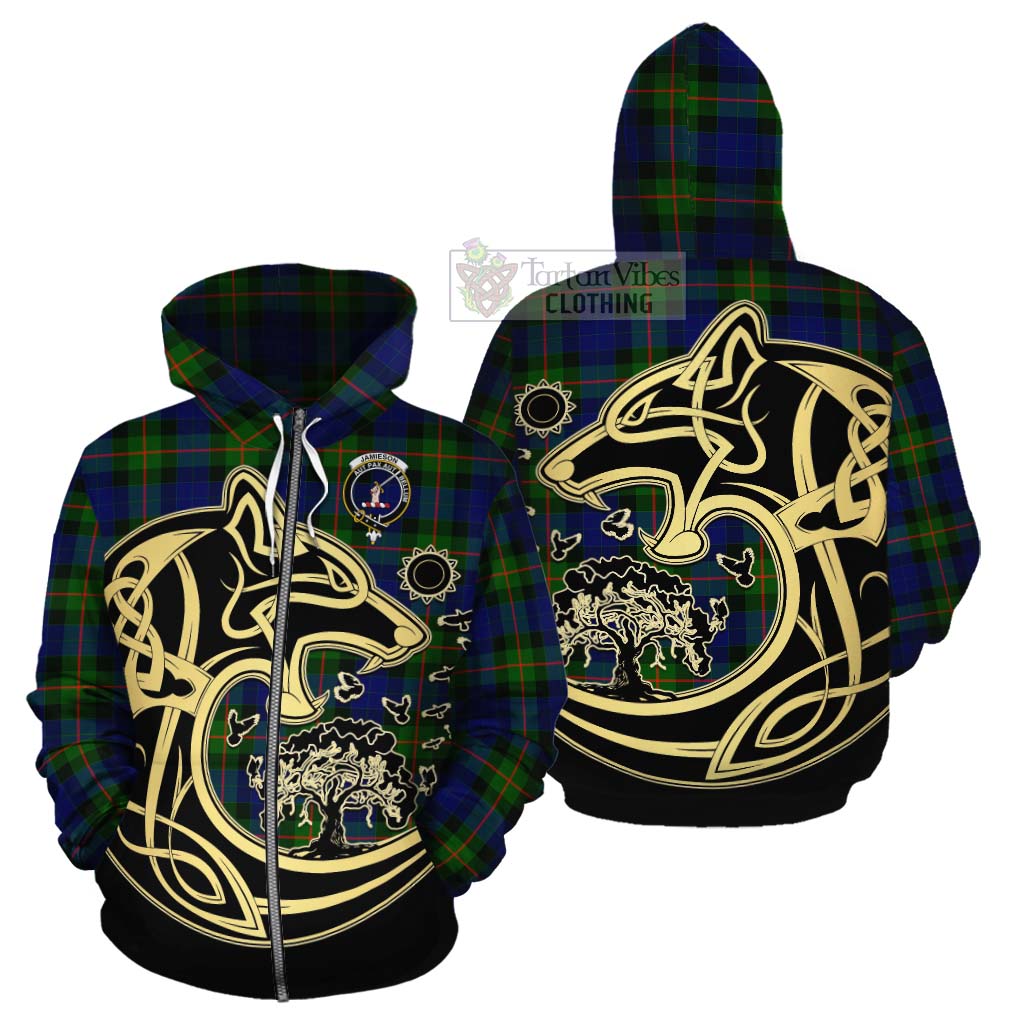 Jamieson Tartan Cotton Hoodie with Family Crest Celtic Wolf Style - Tartan Vibes Clothing