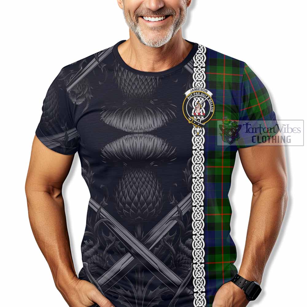 Tartan Vibes Clothing Jamieson Tartan T-Shirt with Family Crest Cross Sword Thistle Celtic Vibes