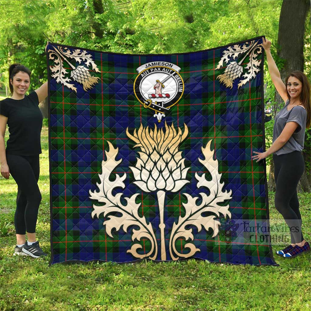 Tartan Vibes Clothing Jamieson Tartan Quilt with Family Crest and Golden Thistle Style