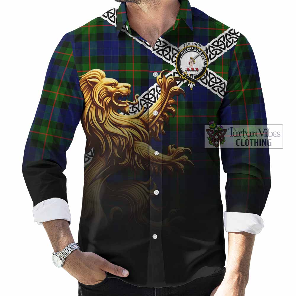 Jamieson Crest Tartan Long Sleeve Button Shirt with Golden Lion Emblem Celtic Style - Tartan Vibes Clothing
