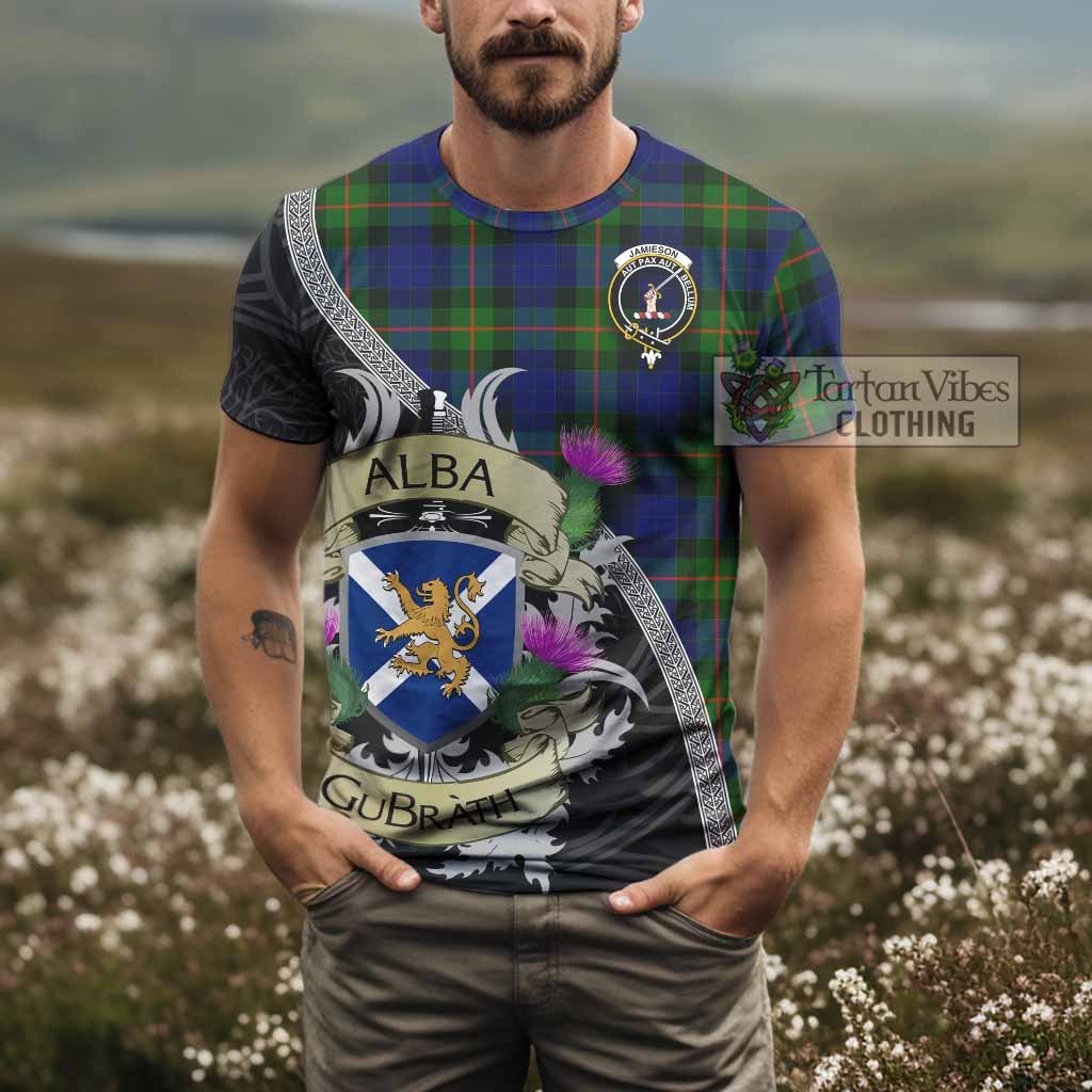 Tartan Vibes Clothing Jamieson Tartan Family Crest T-Shirt Lion Rampant Royal Thistle Shield Celtic Inspired