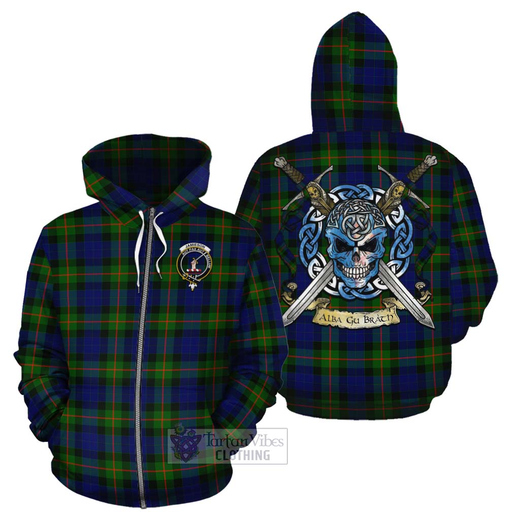 Jamieson Tartan Cotton Hoodie with Family Crest Celtic Skull Style - Tartan Vibes Clothing