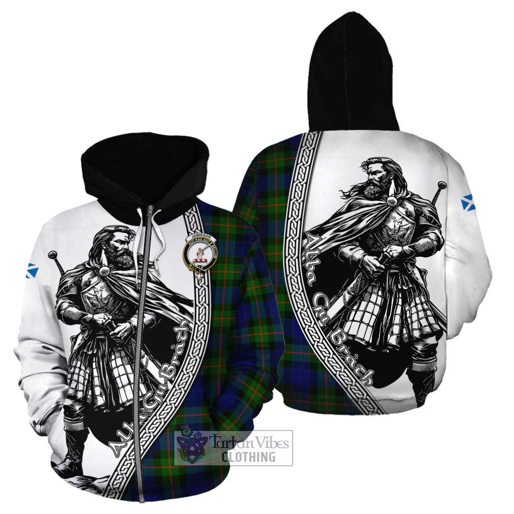 Jamieson Tartan Clan Crest Cotton Hoodie with Highlander Warrior Celtic Style - Tartan Vibes Clothing
