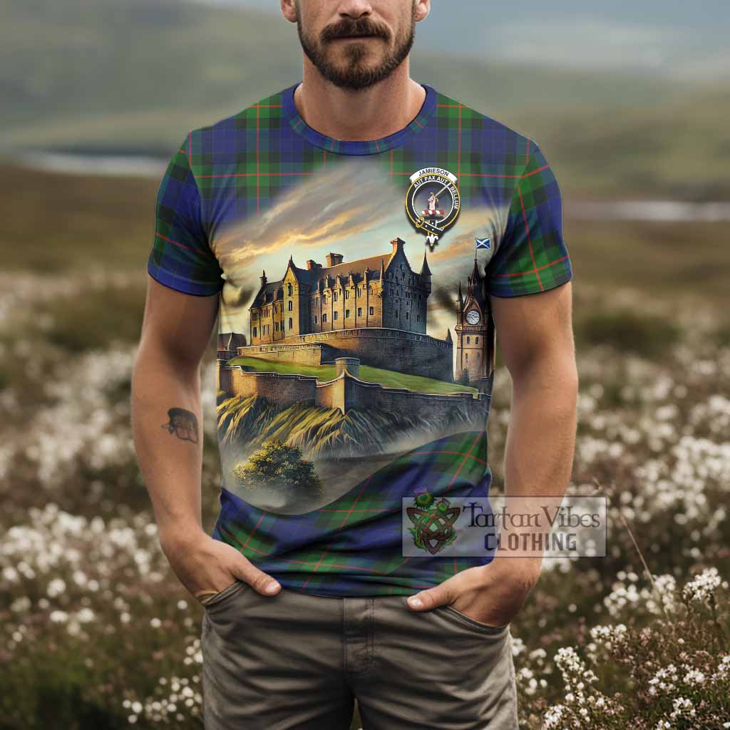 Tartan Vibes Clothing Jamieson Tartan Family Crest T-Shirt with Scottish Ancient Castle Stype
