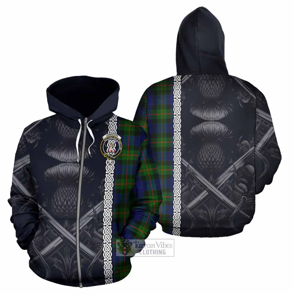 Jamieson Tartan Hoodie with Family Crest Cross Sword Thistle Celtic Vibes Zip Hoodie - Tartan Vibes Clothing