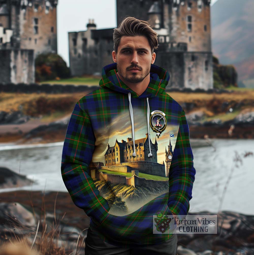 Jamieson Tartan Family Crest Cotton Hoodie with Scottish Ancient Castle Style - Tartan Vibes Clothing