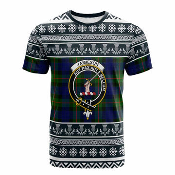 Jamieson Clan Tartan Christmas Cotton T-shirt with Family Crest