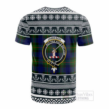 Jamieson Clan Tartan Christmas Cotton T-shirt with Family Crest