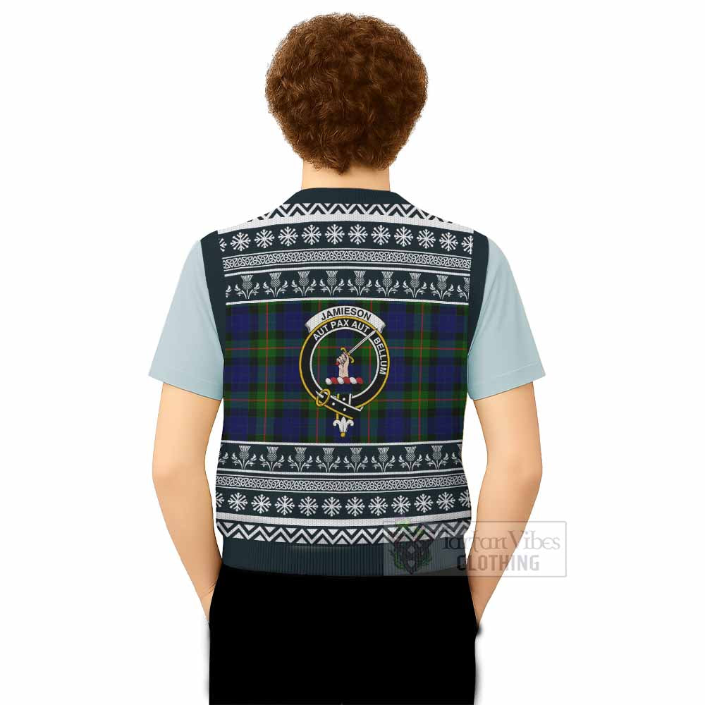Jamieson Clan Tartan Christmas Knitted V-Neck Vest with Family Crest - Tartan Vibes Clothing