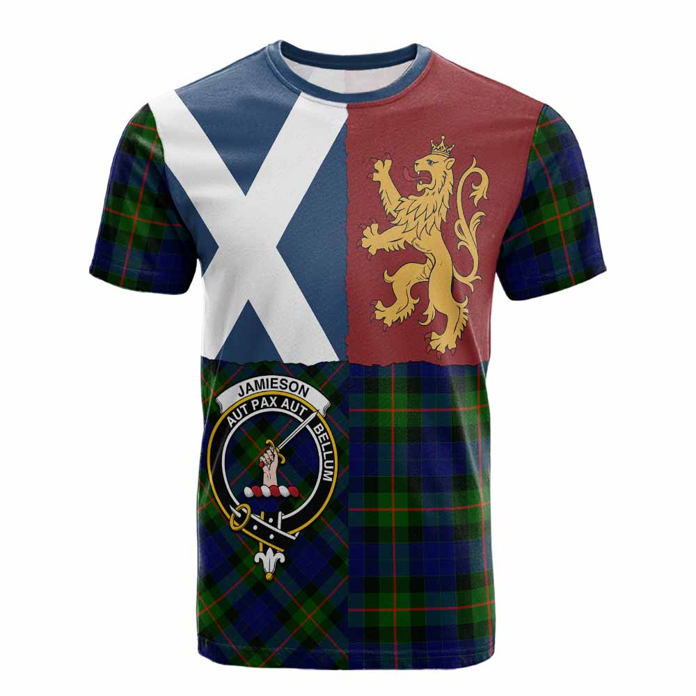 Jamieson Crest Tartan Cotton T-shirt with Lion Rampant Saltire Style - Tartan Vibes Clothing