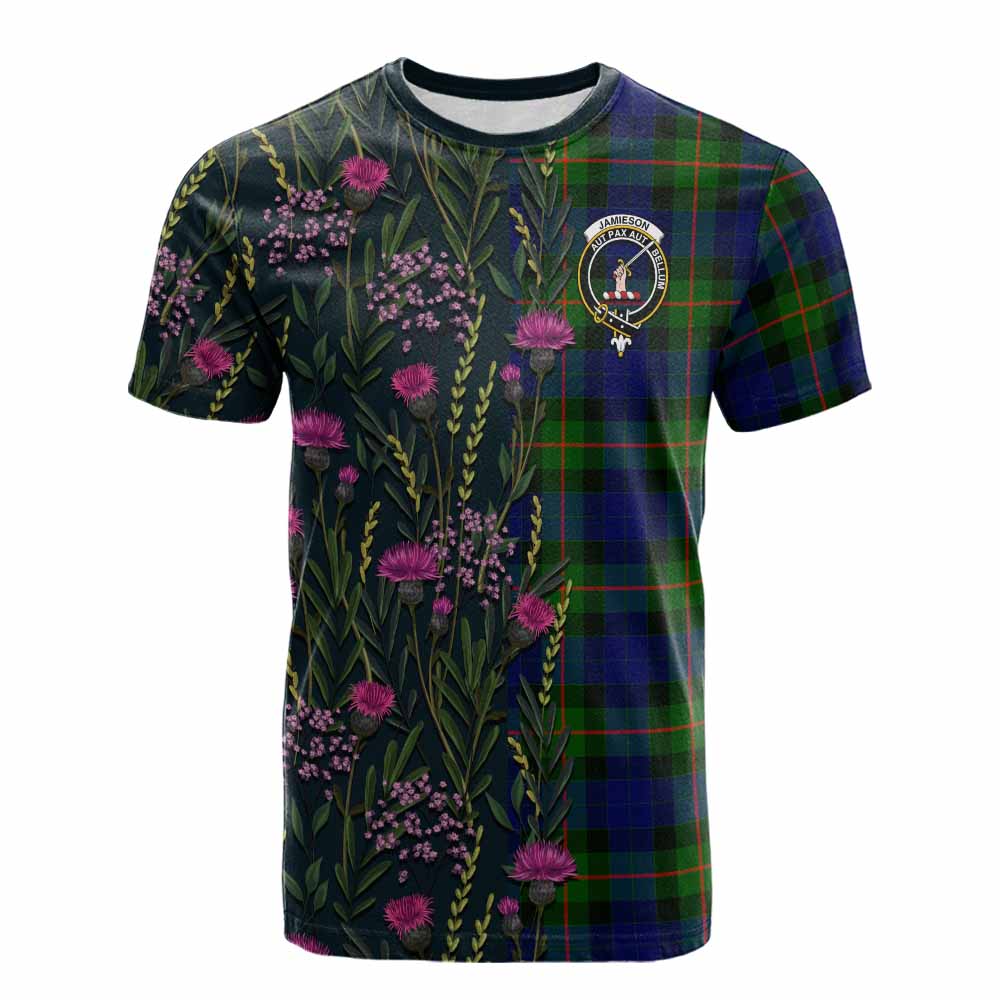 Jamieson Family Crest Tartan Cotton T-shirt Scottish Thistle Flower Pattern Half Style - Tartan Vibes Clothing
