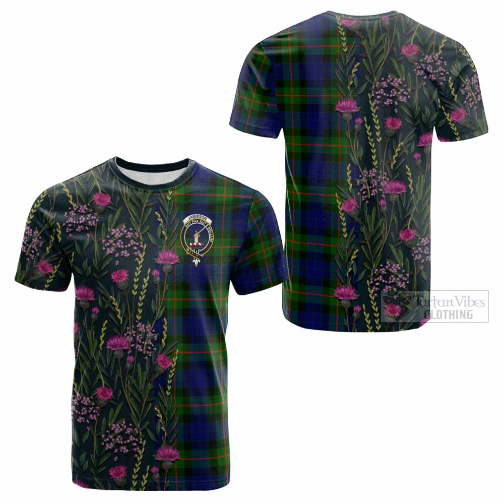 Jamieson Family Crest Tartan Cotton T-shirt Scottish Thistle Flower Pattern Half Style - Tartan Vibes Clothing