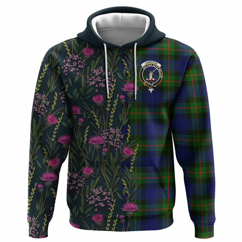 Jamieson Family Crest Tartan Hoodie Scottish Thistle Flower Pattern Half Style - Tartan Vibes Clothing