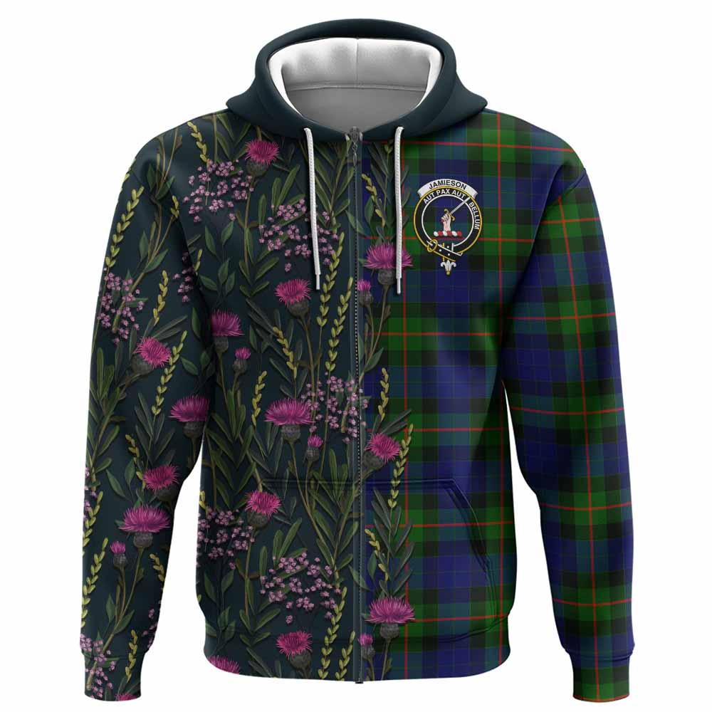Jamieson Family Crest Tartan Hoodie Scottish Thistle Flower Pattern Half Style - Tartan Vibes Clothing