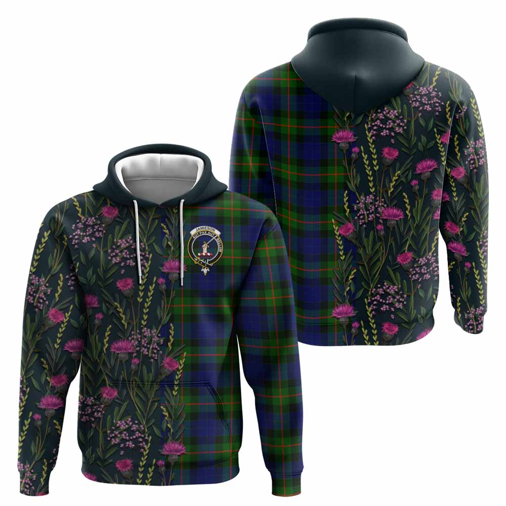 Jamieson Family Crest Tartan Hoodie Scottish Thistle Flower Pattern Half Style - Tartan Vibes Clothing