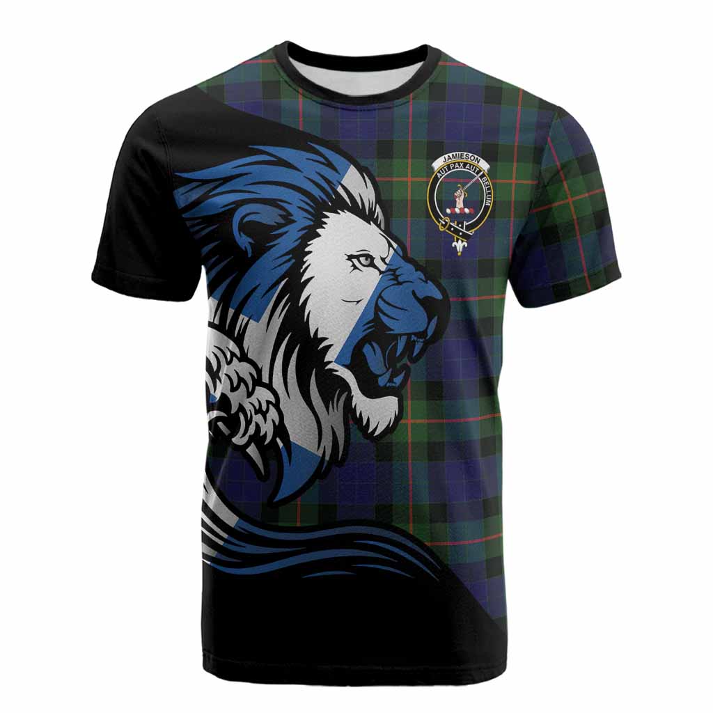 Jamieson Tartan Crest Cotton T-shirt Scottish Golden Lions Wave Flow