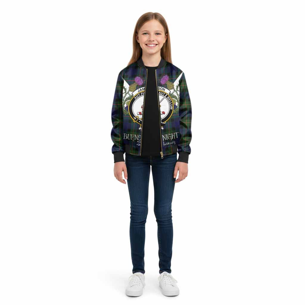 Jamieson Tartan Family Crest Kid Bomber Jacket Scottish Burns Night Thistle Floral