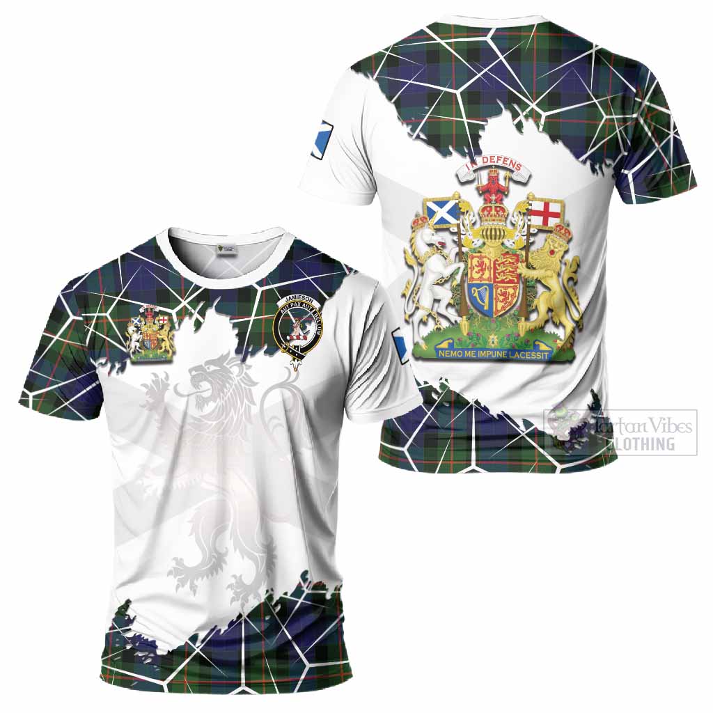 Jamieson Tartan T-Shirt with Family Crest and Lion Rampant Grunge Style