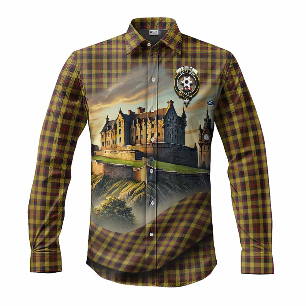 Tartan Vibes Clothing Jardine Tartan Family Crest Long Sleeve Button Shirt with Scottish Ancient Castle Style