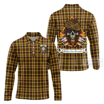 Jardine Tartan Long Sleeve Polo Shirt with Family Crest and Bearded Skull Holding Bottles of Whiskey Unisex - Tartan Vibes Clothing